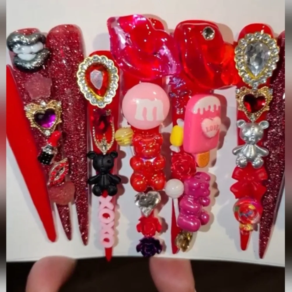 Red and Pink Decorative 4xl Acrylic Press On Nail Set Sz Medium